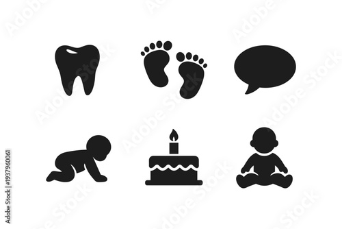 Collection of baby milestone icons including tooth, footprints, speech bubble, crawling baby, cake, and sitting baby