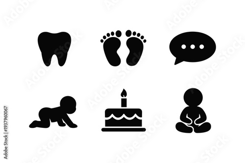 Collection of baby milestone icons including tooth, footprints, speech bubble, crawling baby, cake, and meditation