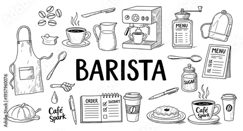 Barista life illustrated with coffee shop essentials and handwritten text