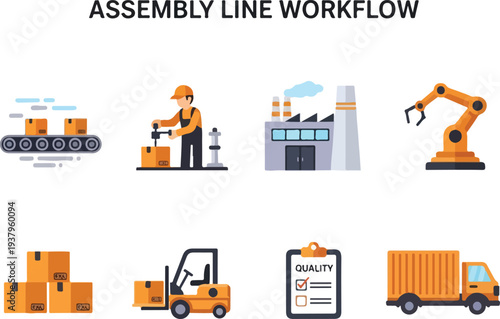 Assembly line workflow diagram with boxes workers factory robot arm forklift truck and checklist icons