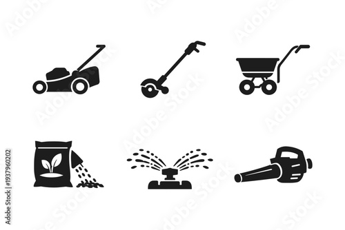 Collection of garden maintenance tools and equipment icons on a white background