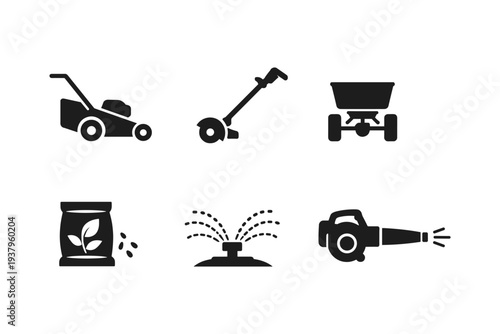 Collection of black icons representing lawn care equipment and supplies for gardening