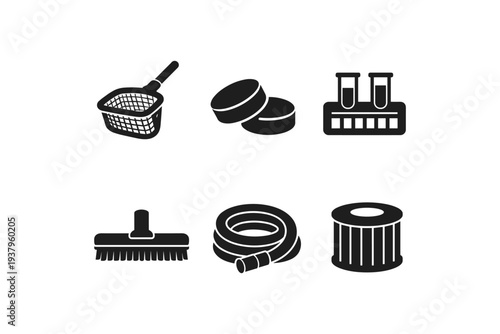 Collection of six different black icons representing various tools and equipment