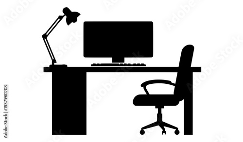 Workspace desk black silhouette icon with computer monitor keyboard lamp and office chair vector