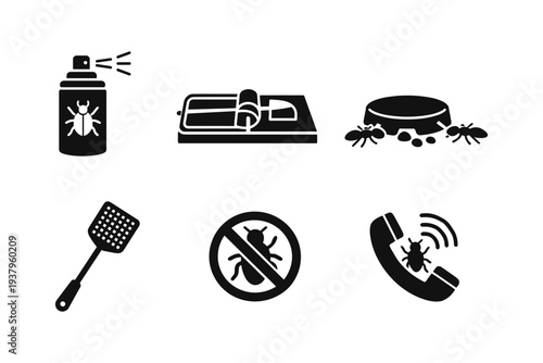 Collection of pest control icons including spray, trap, fly swatter, and phone call