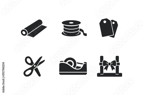 Set of icons representing gift wrapping supplies and elements for a perfect present