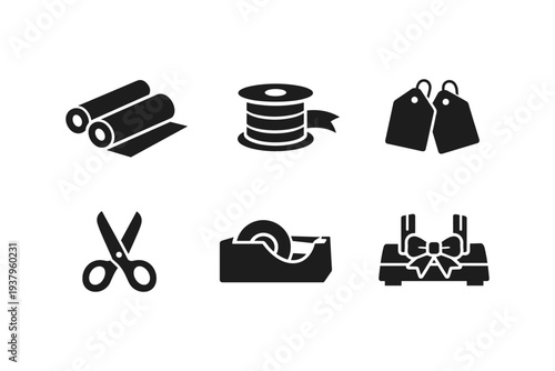 Set of icons representing gift wrapping supplies and accessories for holidays
