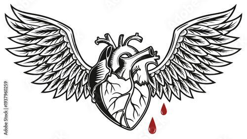 Heart with wings and blood dripping dark Gothic stylized symbol emotional concept art