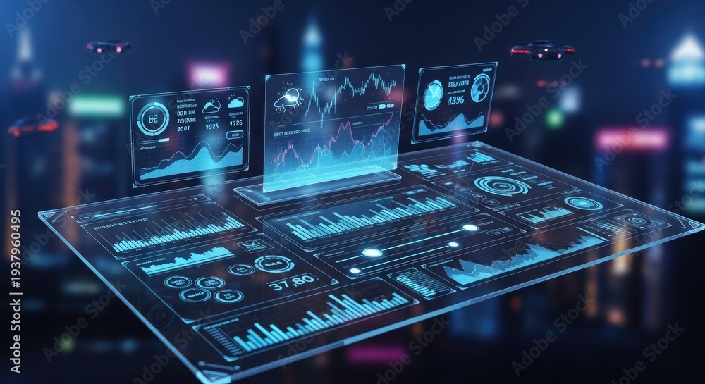 Obraz premium Futuristic Digital Interface Displaying Data Analysis.