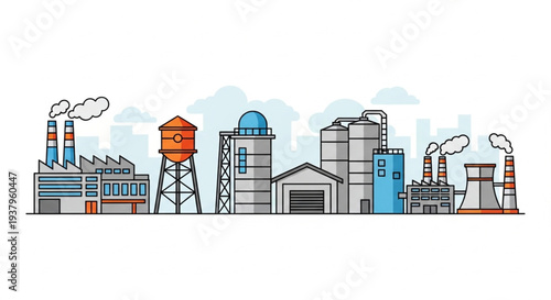 Industrial factory complex with smokestacks and silos.