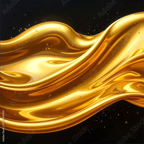 Golden liquid wave on black background with yellow specks