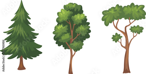 Set of green forest trees including pine and deciduous trees for landscape elements collection, cad drawing flat vector illustration