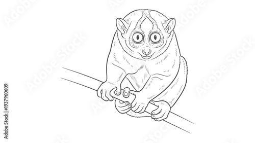 Elegant Line Art: Slow Loris Posing: Intricate line art showcases the unique charm of a slow loris perched delicately on a branch.