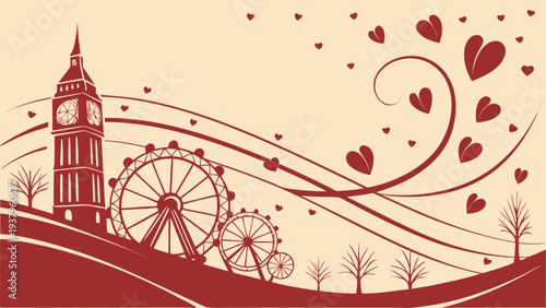 Digital art of London cityscape with big Ben Ferris wheel and heart decorations on a beige background