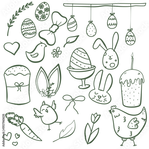 A comprehensive collection of hand-drawn Easter doodles. Includes cute bunnies, decorated eggs, traditional Easter cakes (Paska), spring flowers, chicks, and decorative elements like bows and hearts.