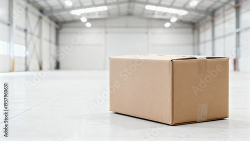 Cardboard box in large empty warehouse logistics and storage background.