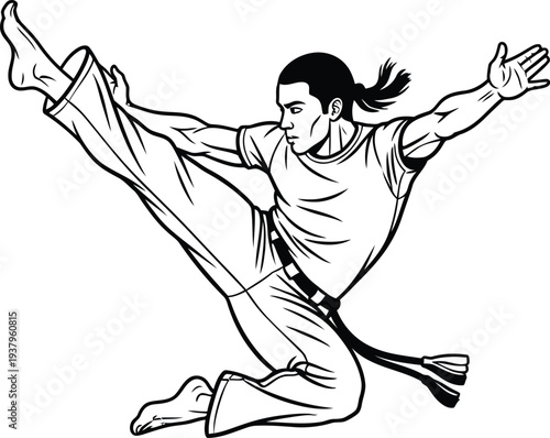 Energetic Capoeira Martial Arts Movement in Dynamic Black and White Vector Illustration Style 