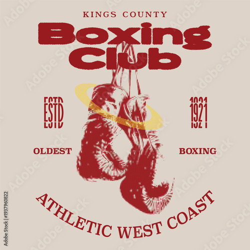 Vintage Kings County Boxing Club T-shirt Design with Retro Boxing Gloves Illustration, Athletic West Coast Gym Apparel Graphic, Distressed Typography Vector Poster for Combat Sports and Fitness.