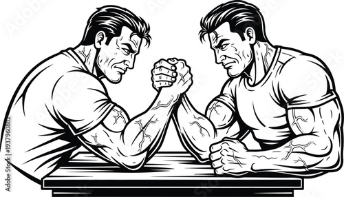 High-Energy Arm Wrestling Match Between Two Athletes in Detailed Monochrome Vector Design 