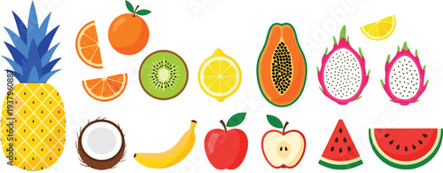Tropical fruits collection with pineapple, papaya, dragon fruit, watermelon, banana and citrus colorful vector illustration set