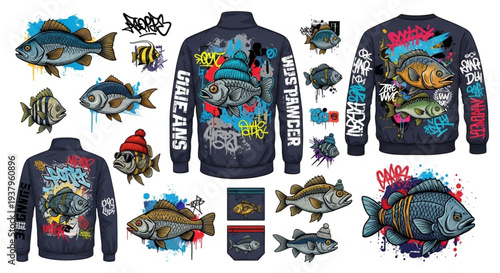 Graffiti Style Fish Illustrations and Apparel Designs.