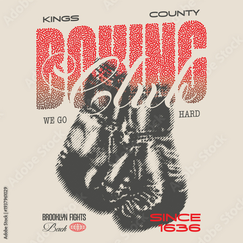 Vintage Boxing Club T-Shirt Design with Retro Stipple Art, Kings County Brooklyn Combat Sports Illustration, Distressed Halftone Fighter Graphic for Streetwear and Gym Apparel, Since 1636.