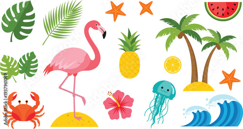 Tropical summer beach elements set with flamingo, palm trees, pineapple, ocean waves and marine icons colorful vector illustration