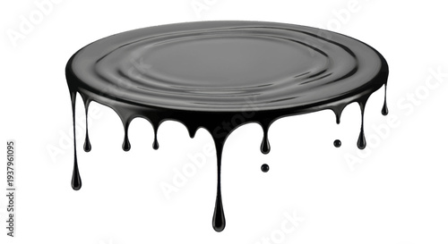 Black paint dripping from circular surface in dark moody lighting with glossy finish for artistic design