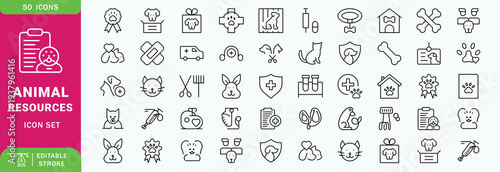 Set of 50 outline icons related to animal resources. Linear icon collection. Editable stroke. Vector illustration