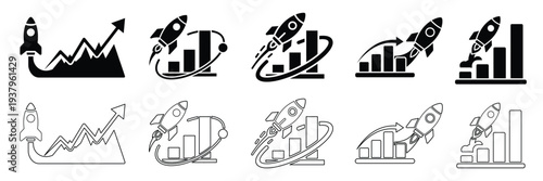 Startup Rocket Growth Icons Set with Bar Chart, Business Launch, Financial Progress, Analytics Performance, Innovation Success Concept Solid and Outline Vector Collection