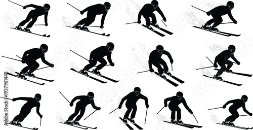 Skier silhouette set performing downhill skiing action poses, winter sport athlete collection with ski poles and snow spray vector illustration