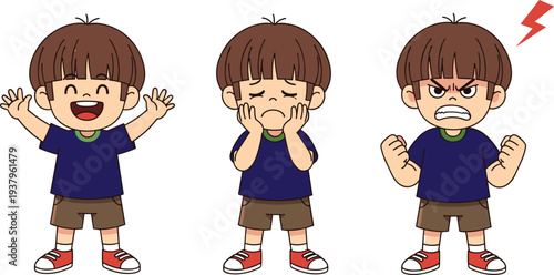 Cartoon Boy Showing Different Emotions Set with Happy Laughing, Crying and Angry Expressions, Kids Facial Reaction and Mood Characters Vector Illustration