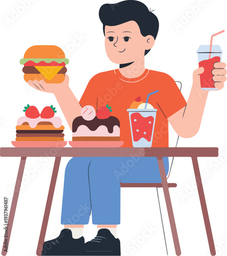 Minimalist hand drawn line art vector of a man enjoying burgers and strawberry cakes at a table.