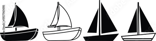 Four sailboats with different sail configurations on calm waters