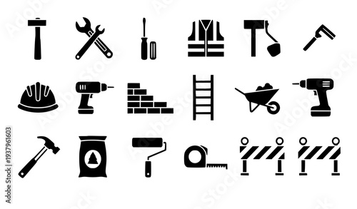 Construction tools and building equipment black vector icons set isolated on white