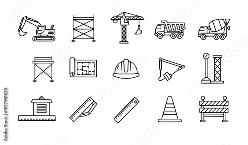 Construction equipment outline icons vector building industry symbol set
