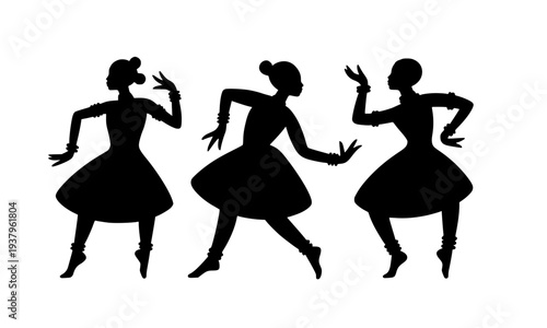 Three Elegant Female Dancer Silhouettes in Graceful Poses, Classic Ballerina Style Vector Illustration for Dance, Performance, and Creative Design Projects