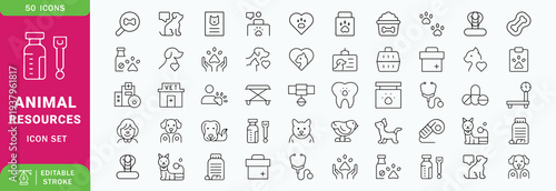 Set of 50 outline icons related to animal resources. Linear icon collection. Editable stroke. Vector illustration