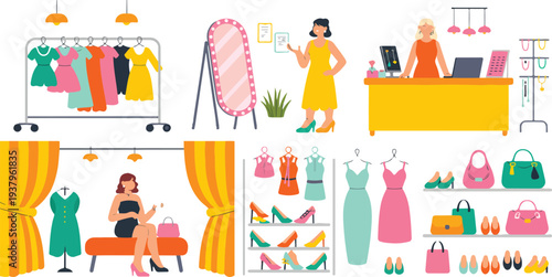 Minimalist hand drawn line art vector of a woman trying on dresses in a boutique fitting room.