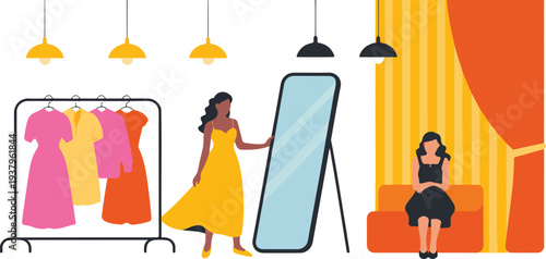 Minimalist hand drawn line art vector of a woman trying on dresses in a boutique fitting room.