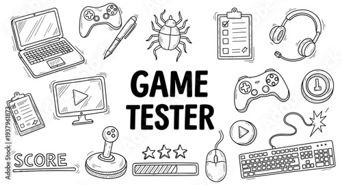 Game tester equipment and symbols in a doodle style, representing the profession