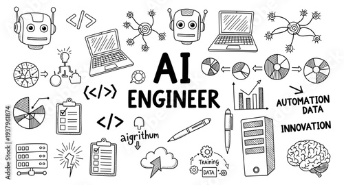 Doodle illustration of AI engineer concepts with robots, laptops, and data flow