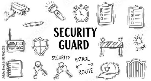 Security guard equipment and symbols hand-drawn doodle illustration