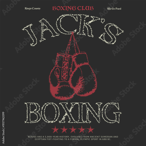 Vintage Jack's Boxing Club T-Shirt Design with Retro Sketch Style Boxing Gloves, Distressed Typography, and Ancient Combat History Quote for Apparel, Gym Wear, and Fitness Branding Illustration.