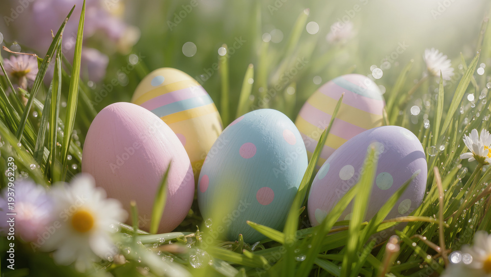 Fototapeta premium Colorful painted Easter eggs hidden in fresh green spring grass with soft morning sunlight, pastel colors, shallow depth of field, cheerful Easter holiday atmosphere, ultra-realistic photography, 4K.