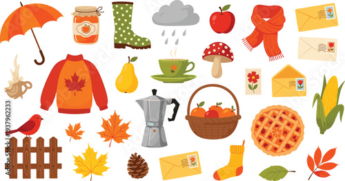 Autumn fall season elements collection with leaves, sweater, umbrella, apples, mushroom and cozy seasonal icons vector illustration