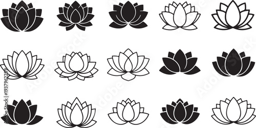 A set of black and white lotus flower icons in various styles and line art designs
