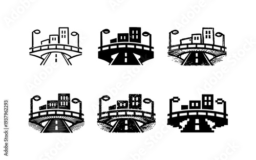 Collection of stylized bridge icons with city skyline and streetlights