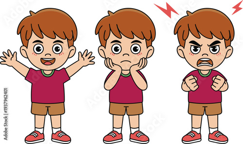 Cartoon Boy Emotions Set Showing Happy Worried and Angry Facial Expressions, Kids Feelings and Mood Reactions Character Vector Illustration Collection