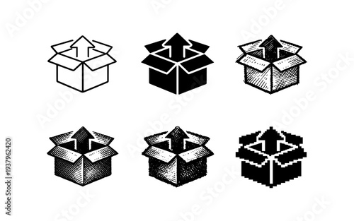 Collection of six different box icons with arrows pointing upwards, symbolizing shipping and delivery